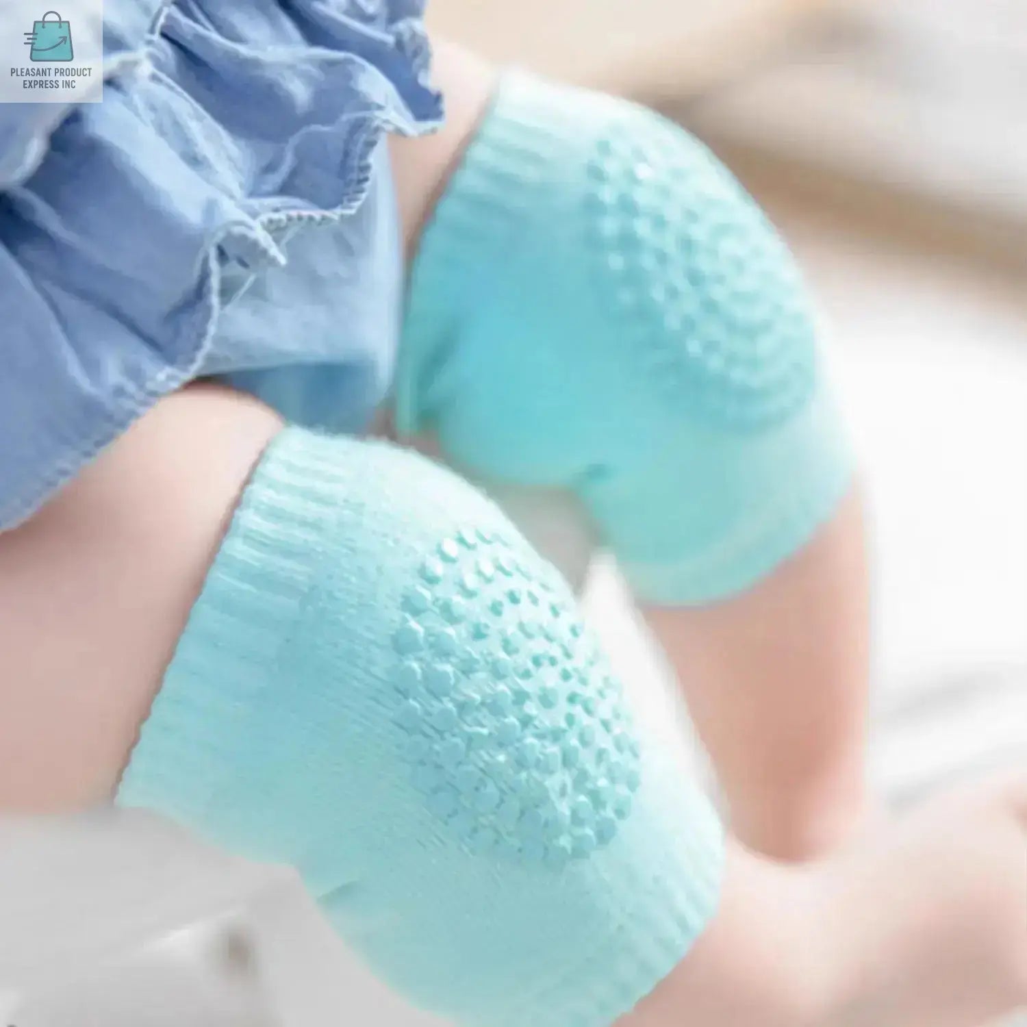 Soft cotton children's crawling knee and elbow pads in light blue with textured grip for safety and comfort