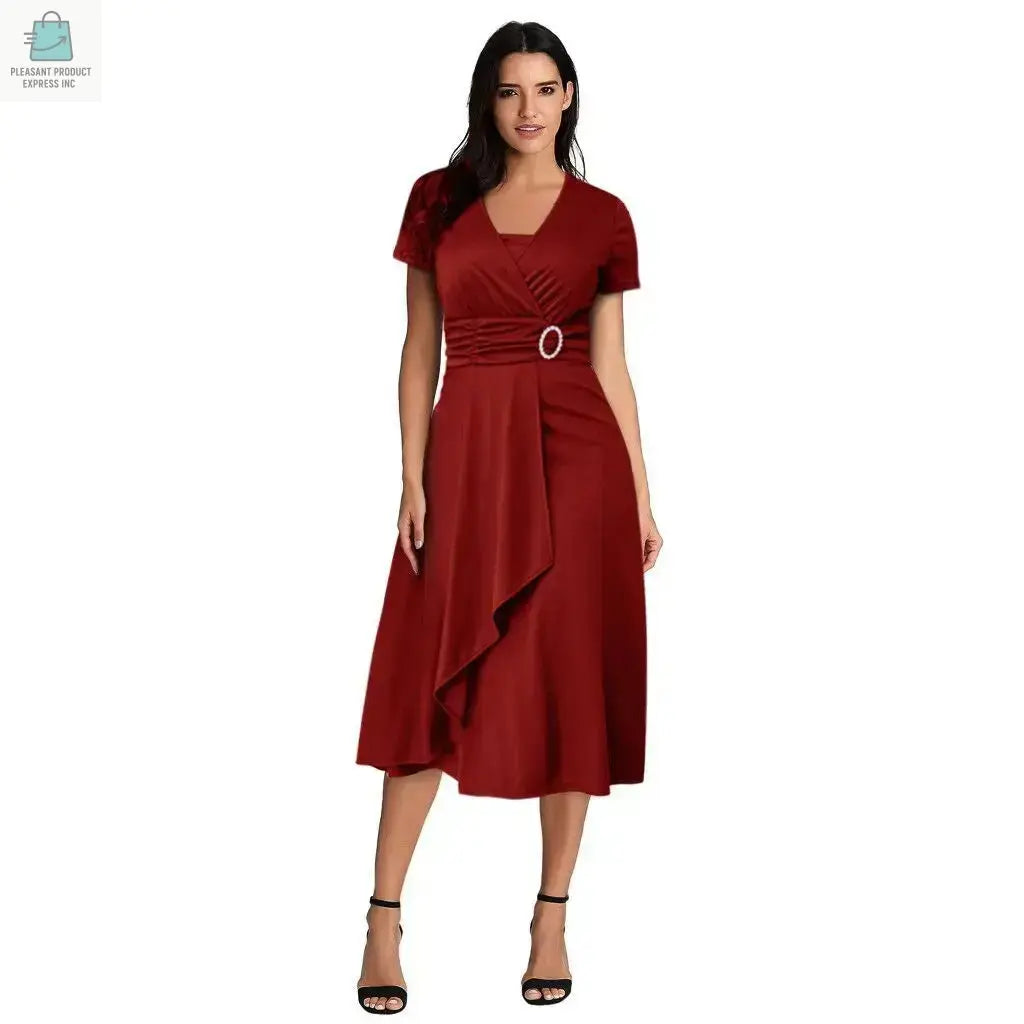 Elegant Women Solid Color Short Sleeve V Neck AsymmetricPleasant Product