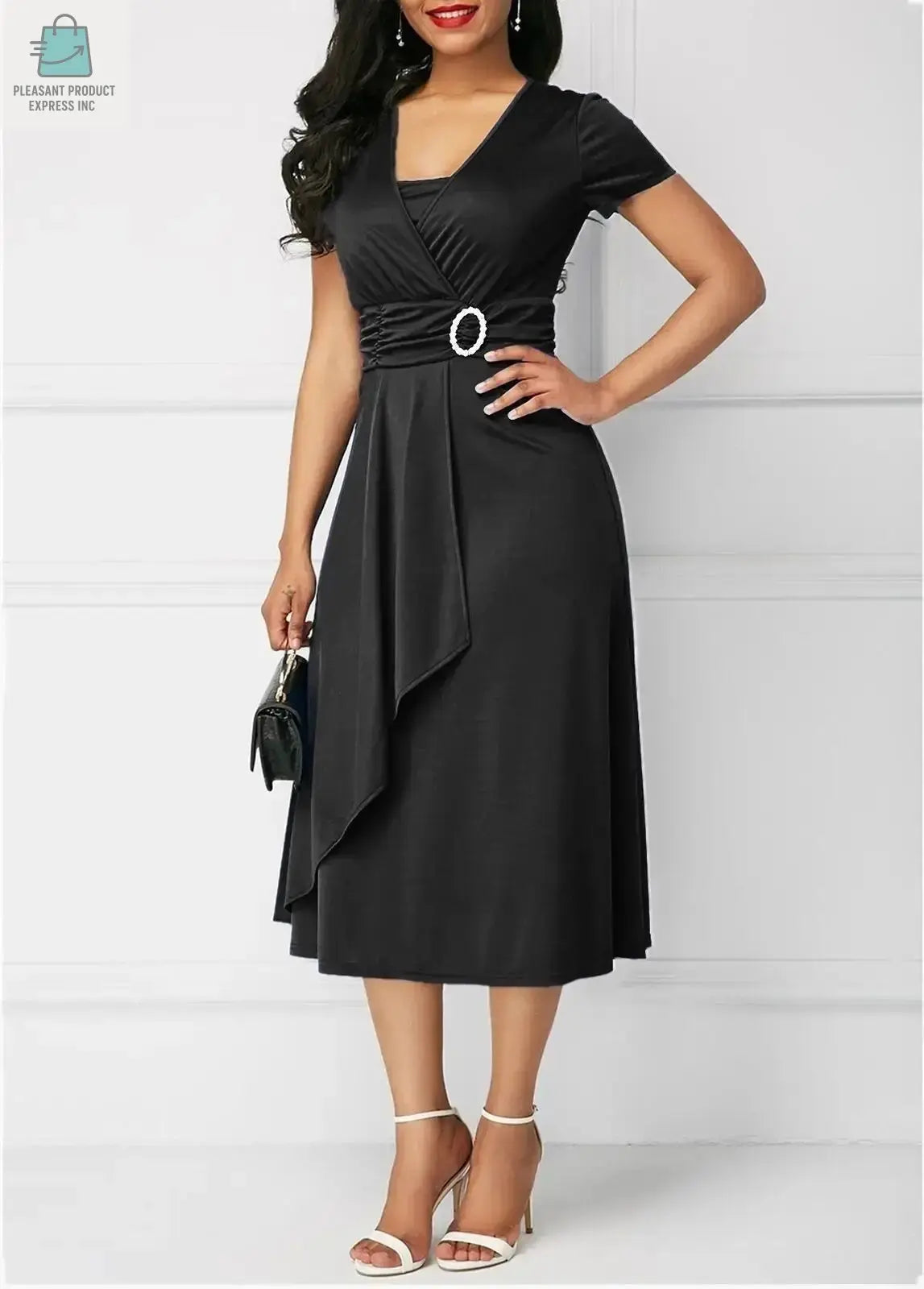 Elegant Women Solid Color Short Sleeve V Neck AsymmetricPleasant Product