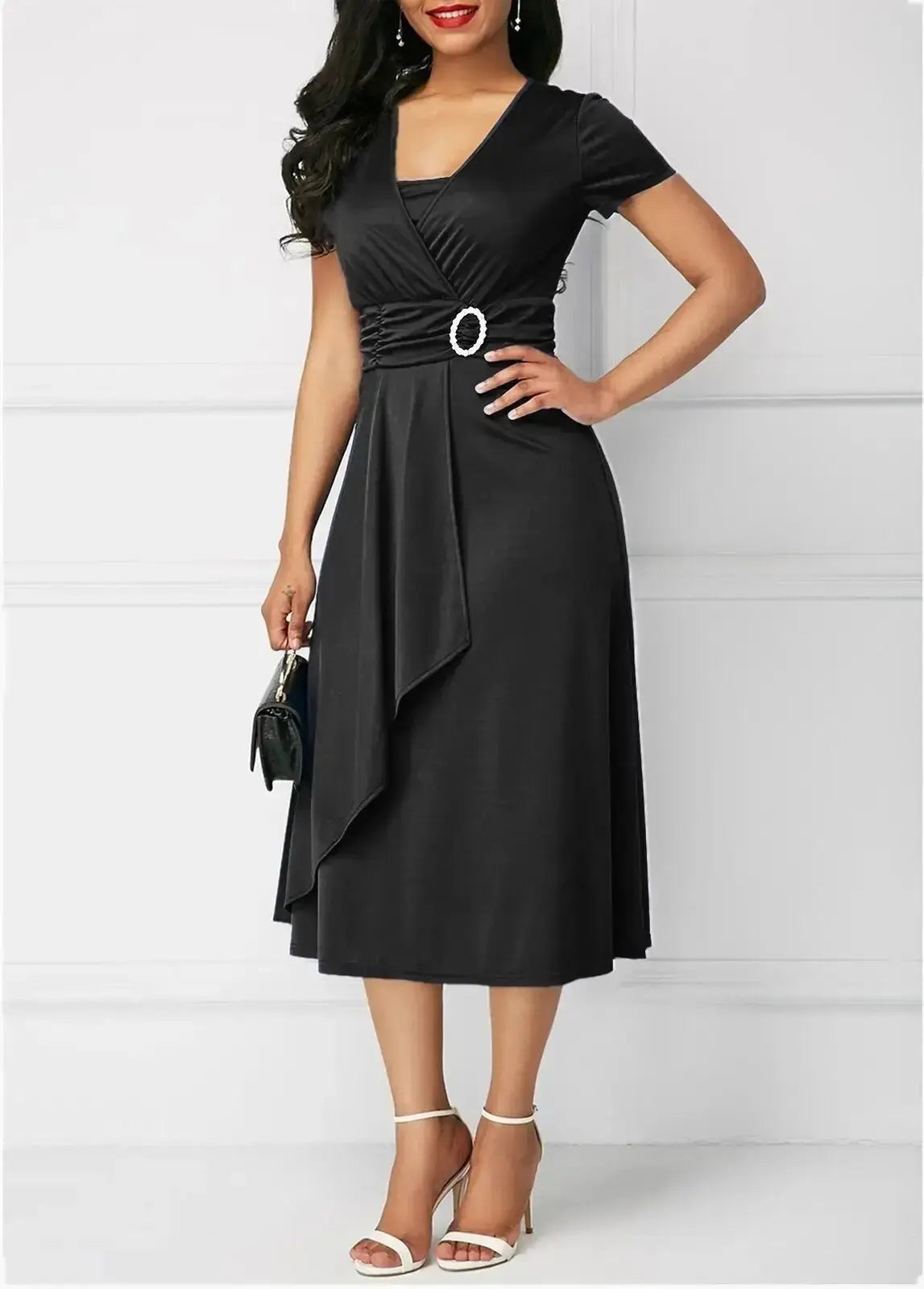 Elegant Women Solid Color Short Sleeve V Neck AsymmetricPleasant Product