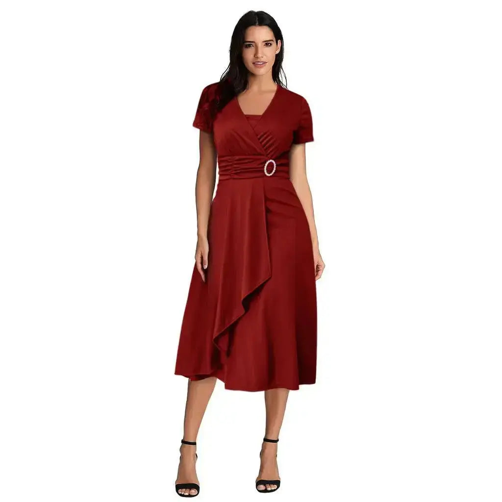 Elegant Women Solid Color Short Sleeve V Neck AsymmetricPleasant Product