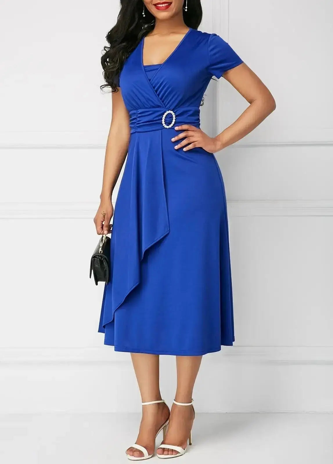 Elegant Women Solid Color Short Sleeve V Neck AsymmetricPleasant Product