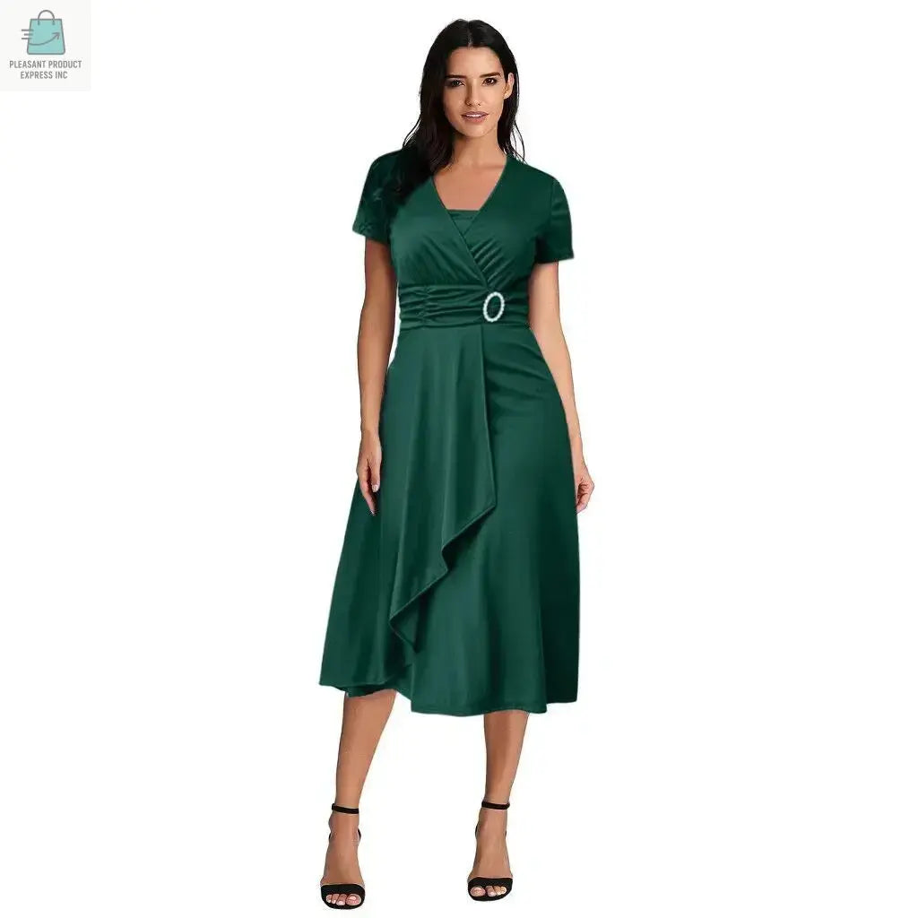 Elegant Women Solid Color Short Sleeve V Neck AsymmetricPleasant Product