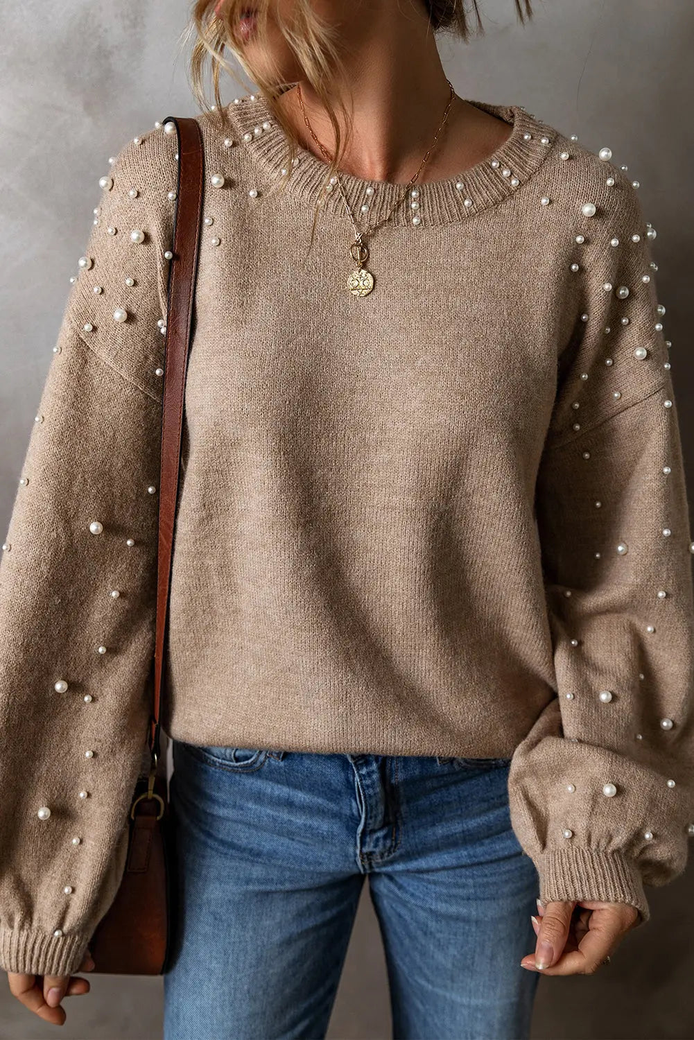 Elliot Pearled Drop Shoulder Round Neck Sweater-3