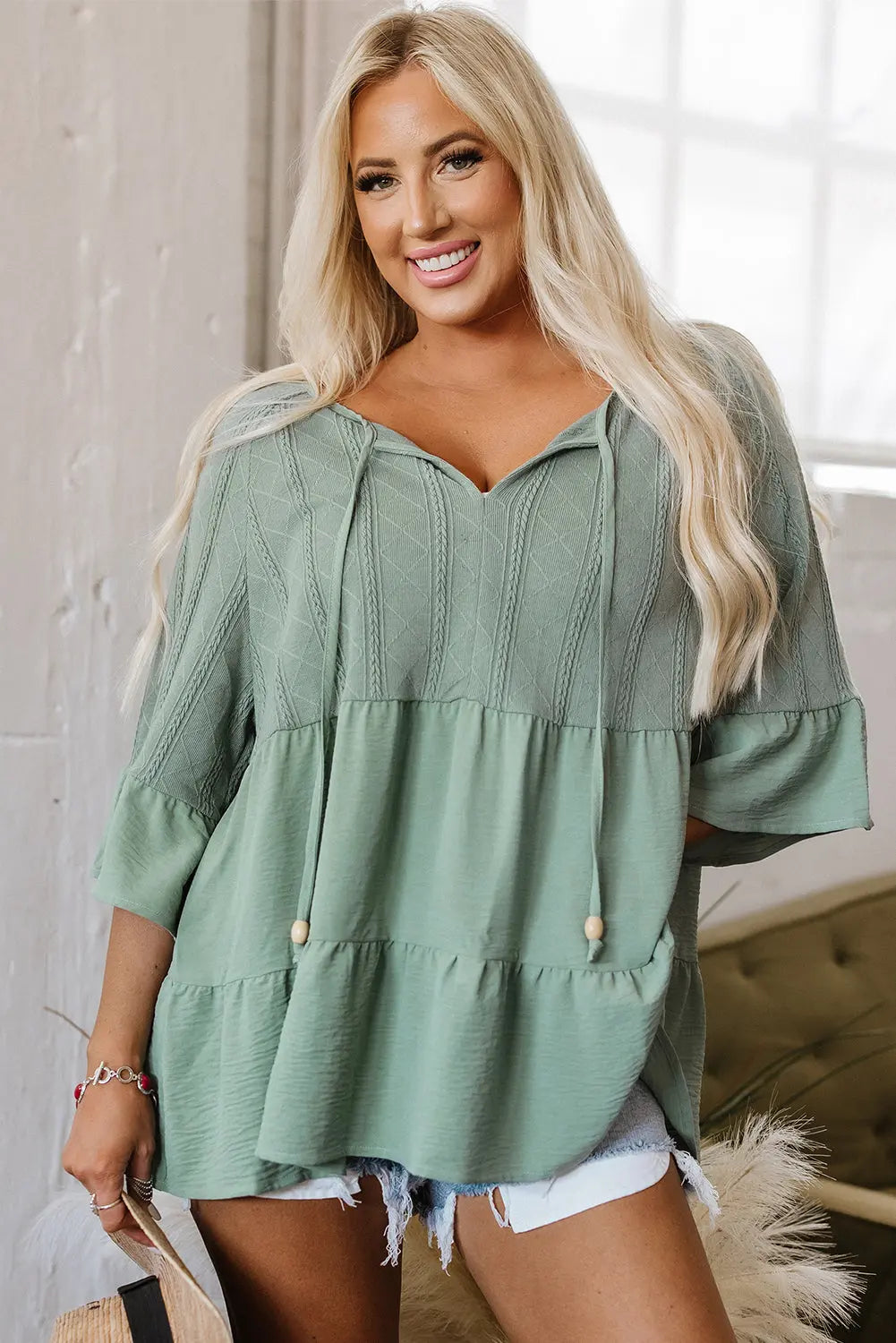 Ensley Tie Split Neck Textured Ruffle Patchwork Blouse-0