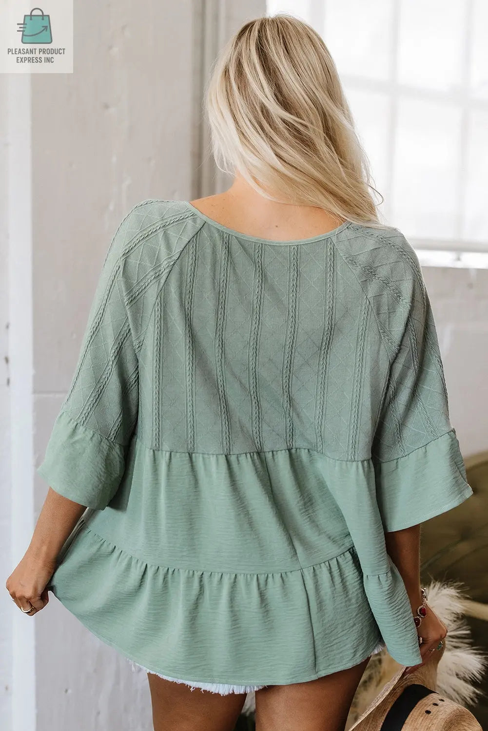 Ensley Tie Split Neck Textured Ruffle Patchwork Blouse-1