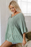Ensley Tie Split Neck Textured Ruffle Patchwork Blouse-2
