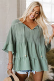 Ensley Tie Split Neck Textured Ruffle Patchwork Blouse-3