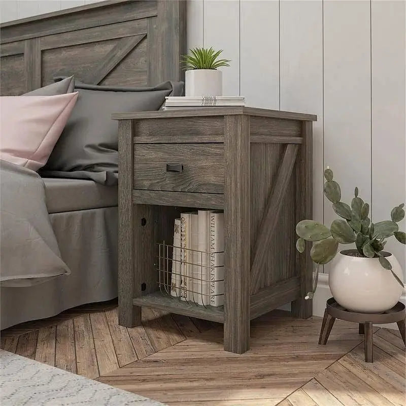 Farmhouse 1-Drawer Bedroom Nightstand with Open Shelf in Rustic Grey Oak-1