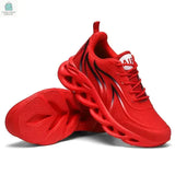 Men's flame printed lightweight red running shoes with breathable knit upper and hollow blade sole design