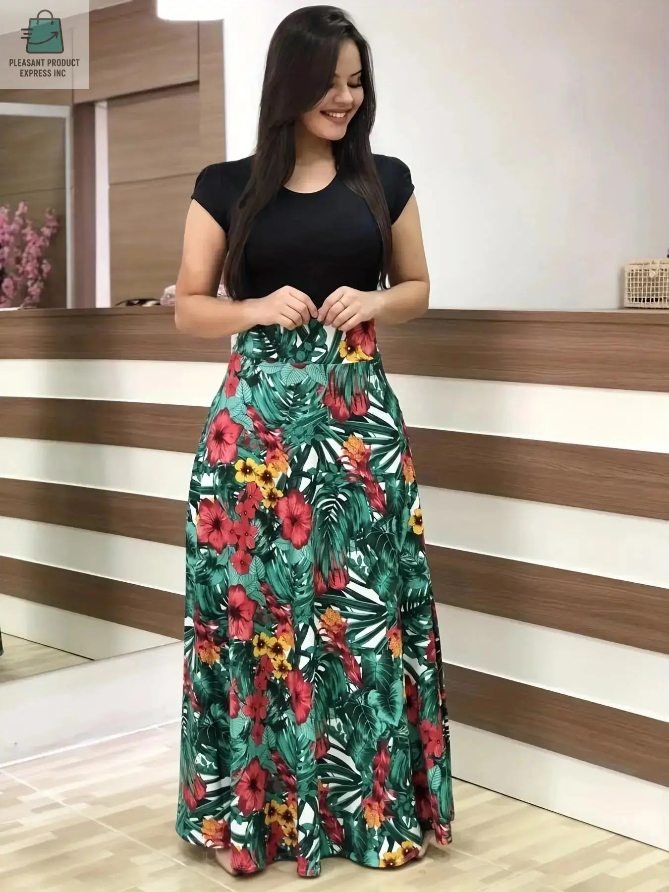 Flower print color matching short-sleeved dress for women'sPleasant Product