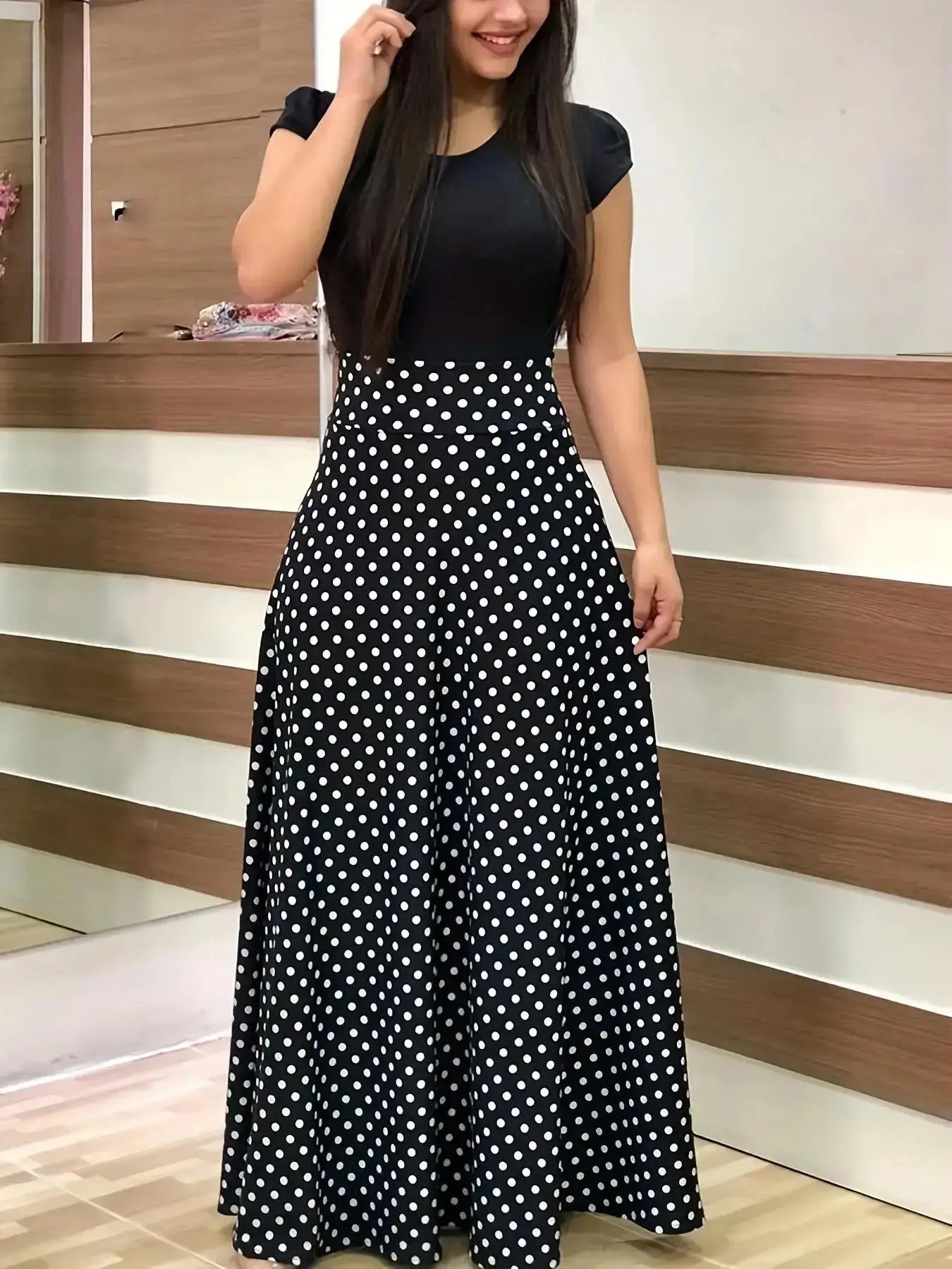 Flower print color matching short-sleeved dress for women'sPleasant Product