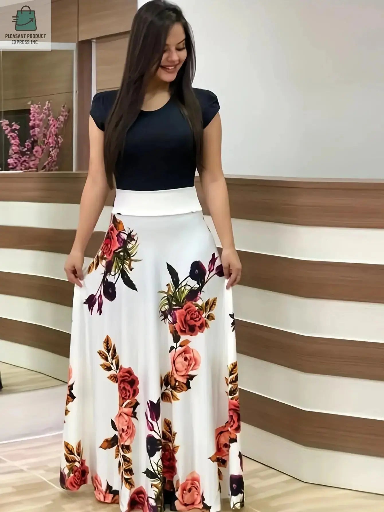 Flower print color matching short-sleeved dress for women'sPleasant Product