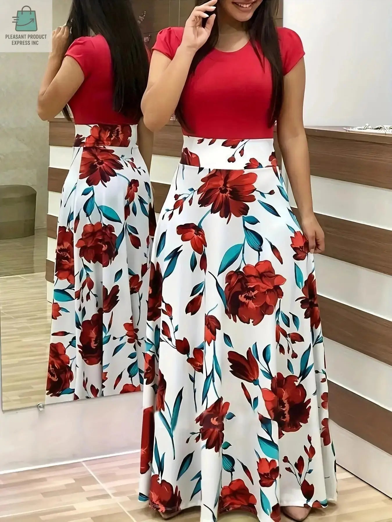 Flower print color matching short-sleeved dress for women'sPleasant Product