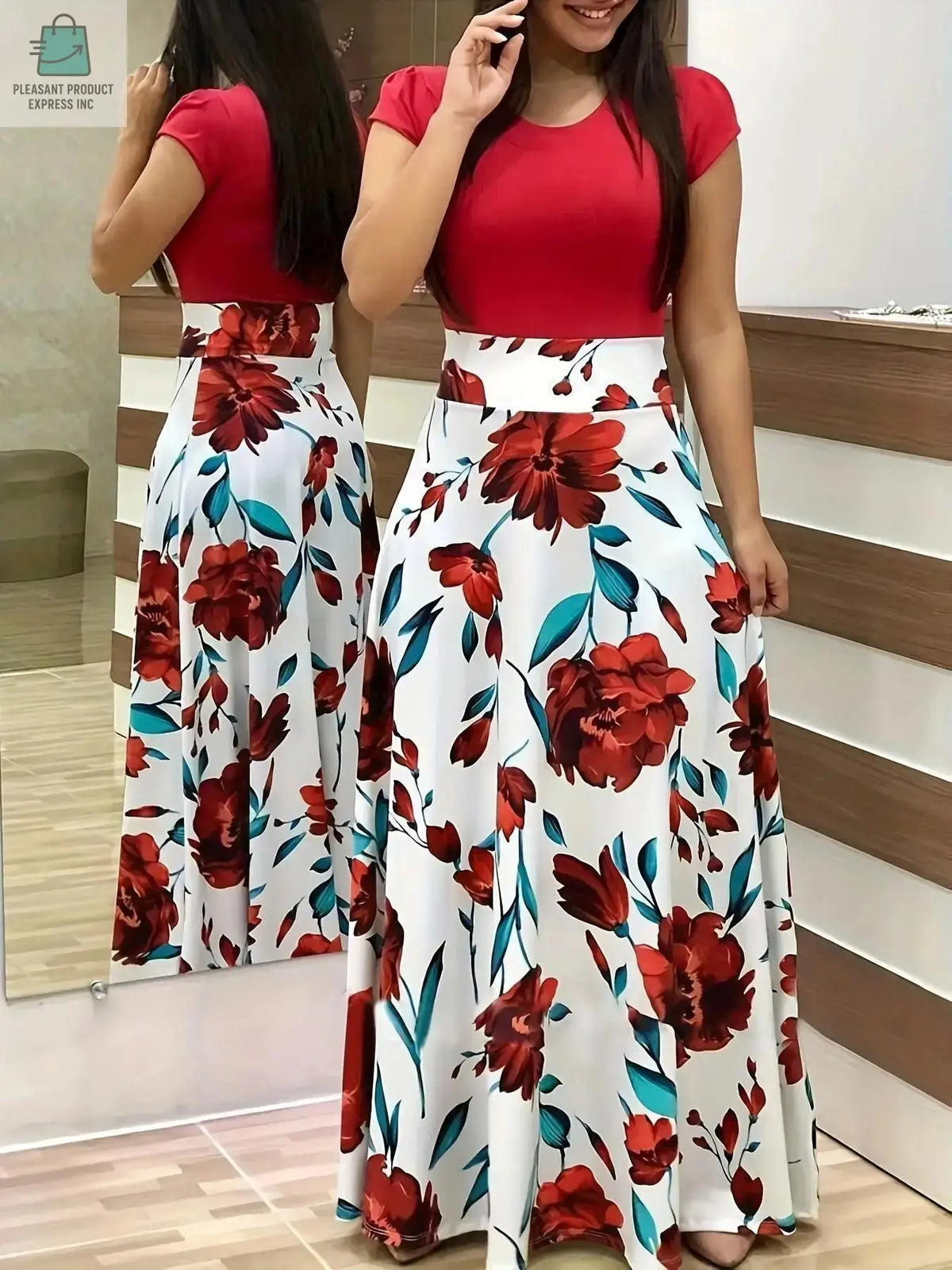 Flower print color matching short-sleeved dress for women'sPleasant Product
