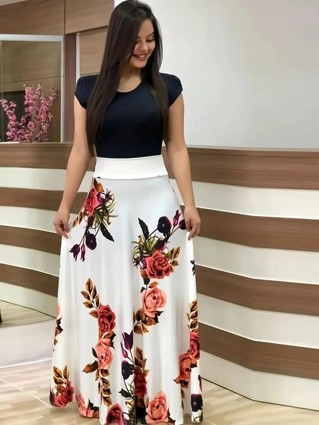 Flower print color matching short-sleeved dress for women'sPleasant Product