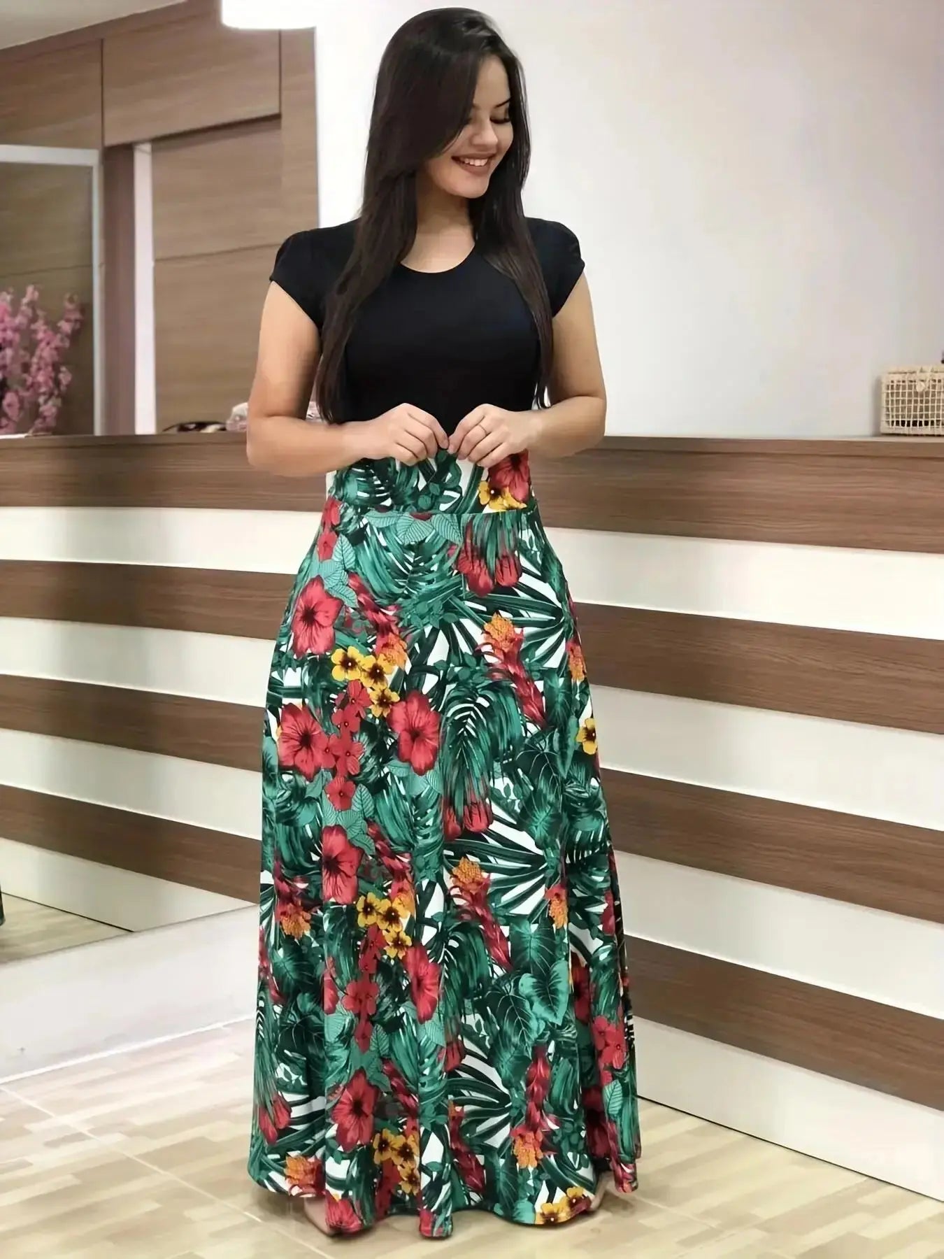 Flower print color matching short-sleeved dress for women'sPleasant Product