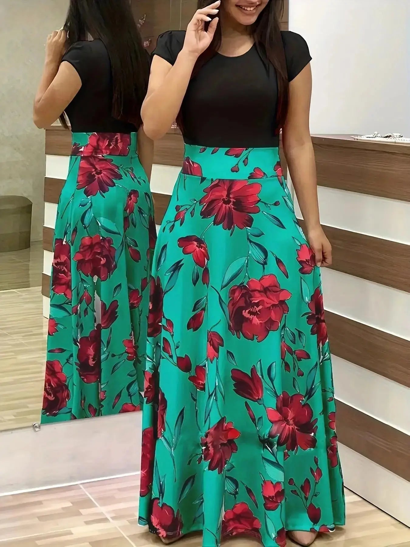 Flower print color matching short-sleeved dress for women'sPleasant Product