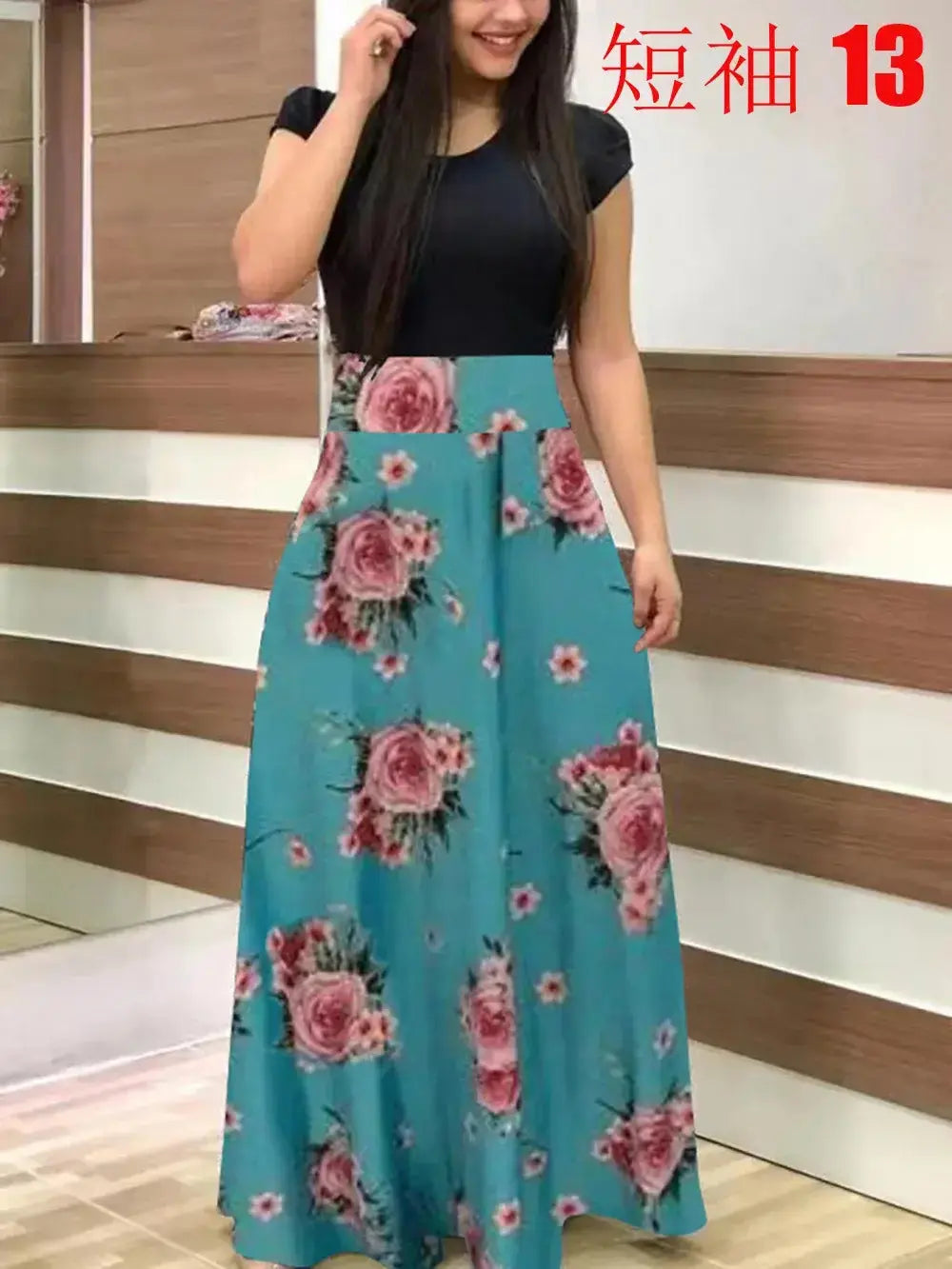 Flower print color matching short-sleeved dress for women'sPleasant Product