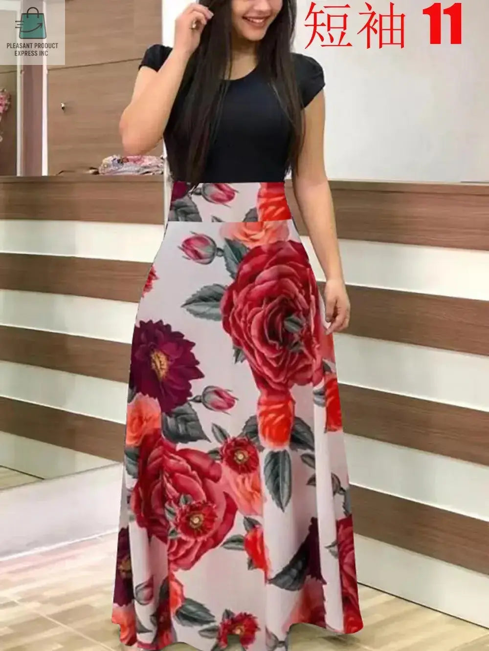Flower print color matching short-sleeved dress for women'sPleasant Product