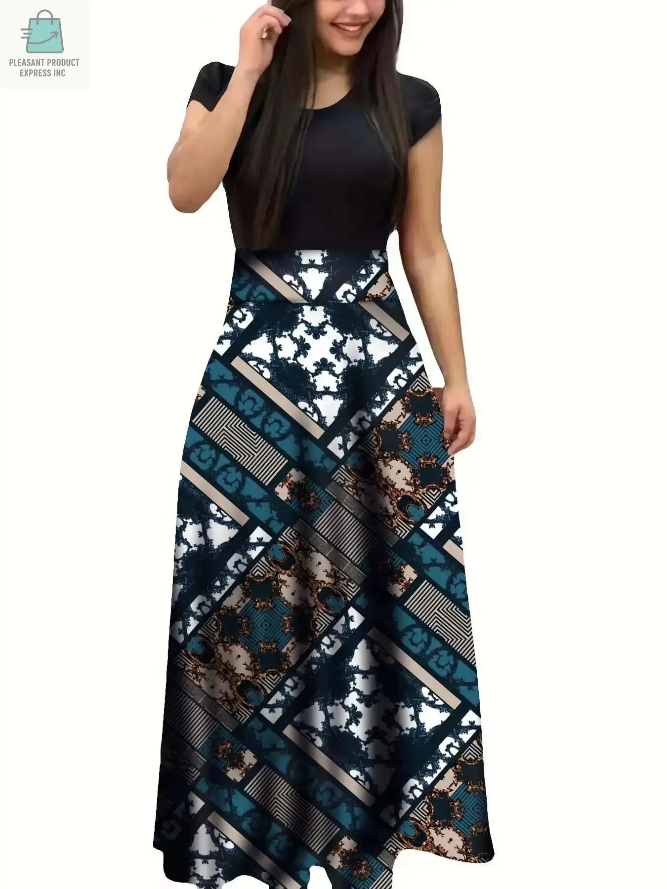 Flower print color matching short-sleeved dress for women'sPleasant Product