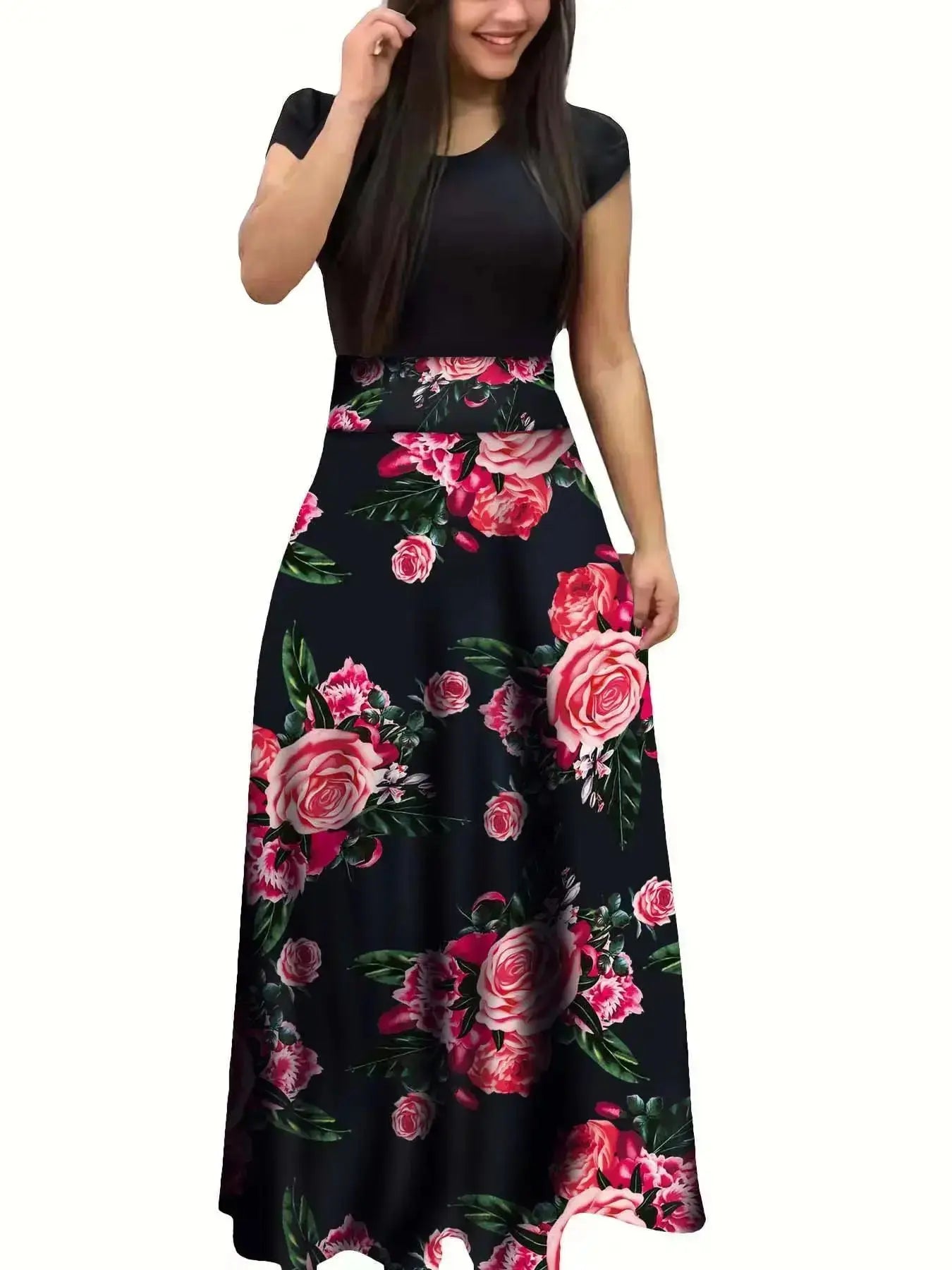 Flower print color matching short-sleeved dress for women'sPleasant Product