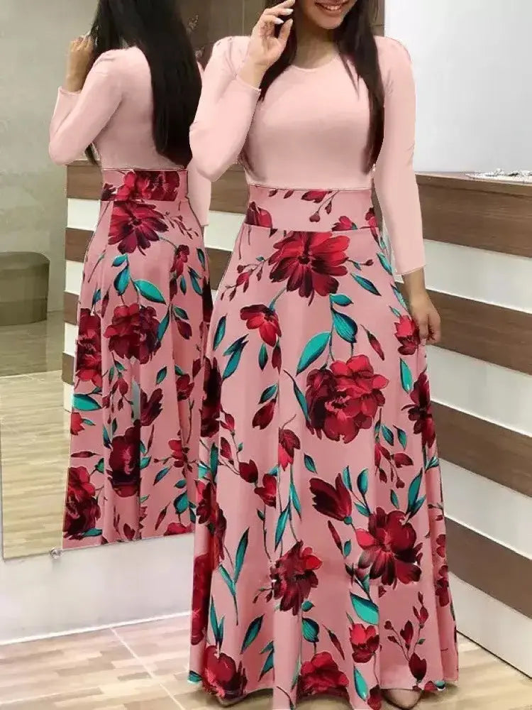 Flower print color matching short-sleeved dress for women'sPleasant Product