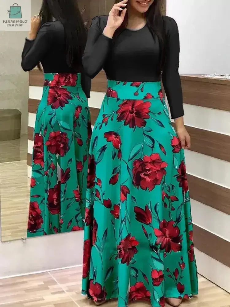 Flower print color matching short-sleeved dress for women'sPleasant Product