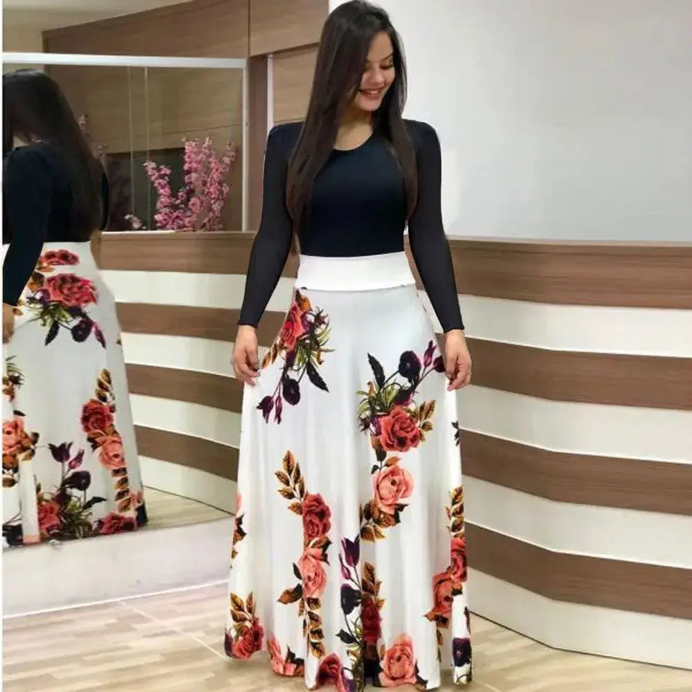 Flower print color matching short-sleeved dress for women'sPleasant Product