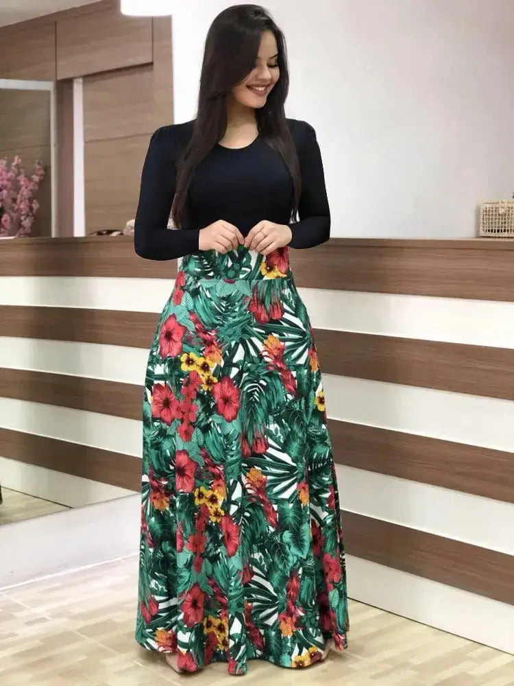 Flower print color matching short-sleeved dress for women'sPleasant Product