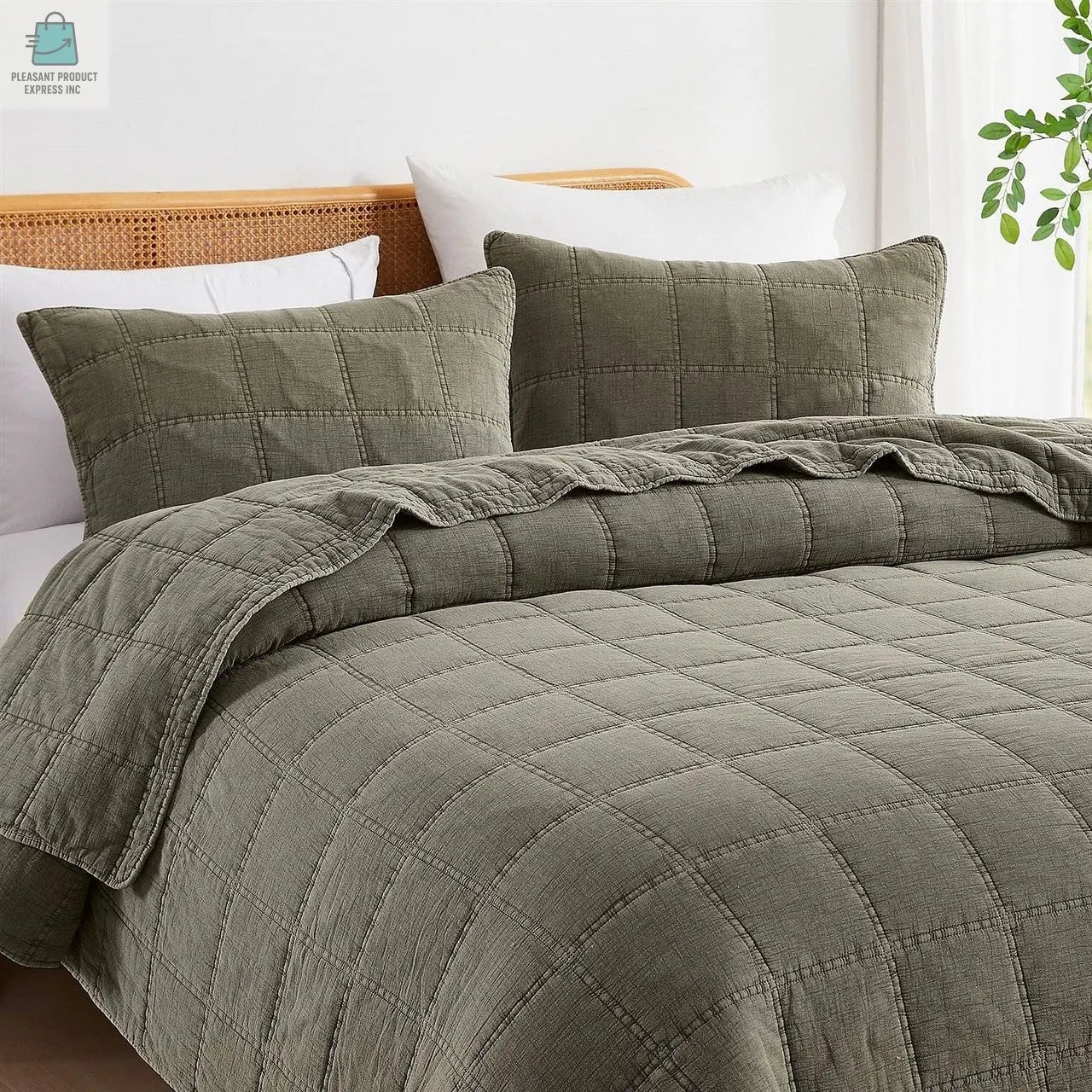 Full/Queen 3 Piece Cotton Faded Stone Washed Lightweight Quilt Set Green-0