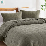 Full/Queen 3 Piece Cotton Faded Stone Washed Lightweight Quilt Set Green-0