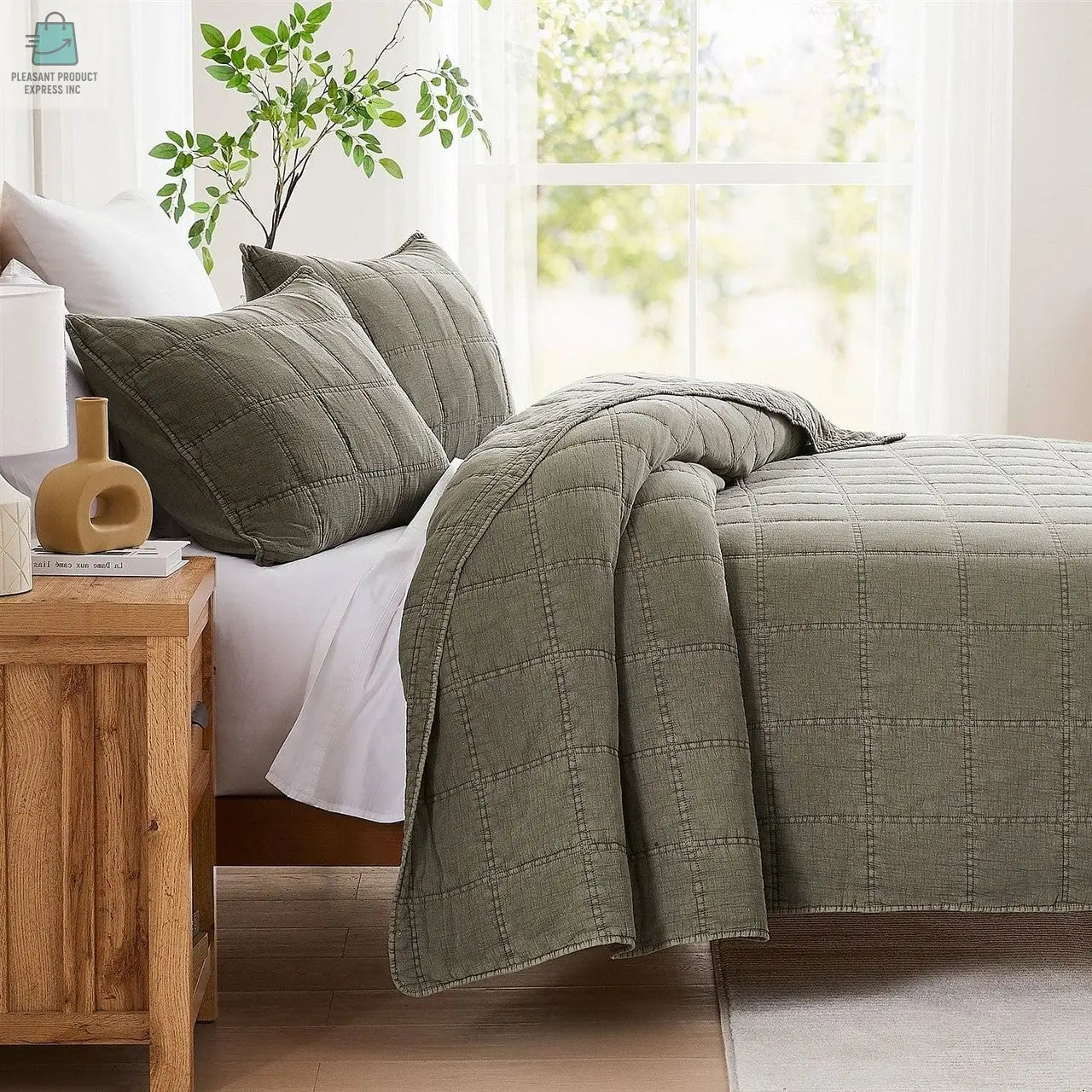 Full/Queen 3 Piece Cotton Faded Stone Washed Lightweight Quilt Set Green-1
