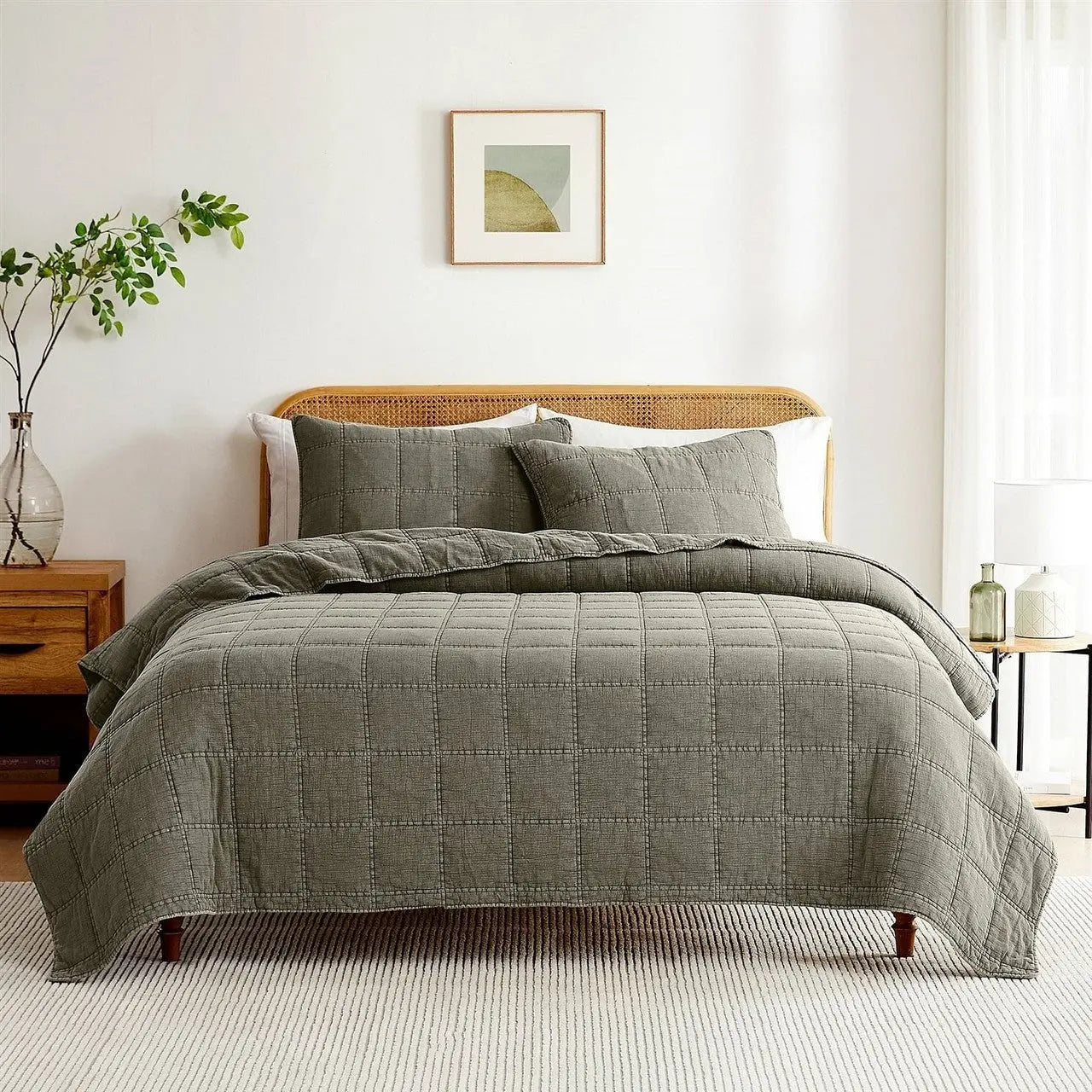Full/Queen 3 Piece Cotton Faded Stone Washed Lightweight Quilt Set Green-2