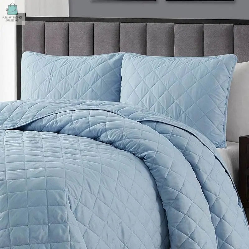 Full/Queen 3-Piece Light Blue Polyester Microfiber Reversible Diamond Quilt Set-1