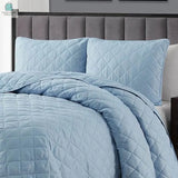 Full/Queen 3-Piece Light Blue Polyester Microfiber Reversible Diamond Quilt Set-1