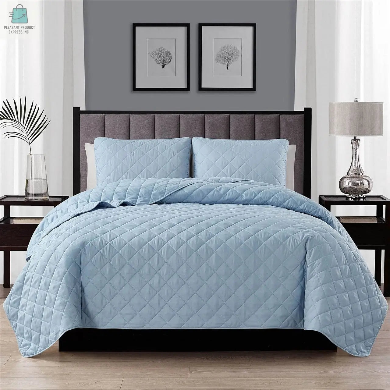 Full/Queen 3-Piece Light Blue Polyester Microfiber Reversible Diamond Quilt Set-2