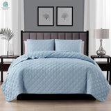 Full/Queen 3-Piece Light Blue Polyester Microfiber Reversible Diamond Quilt Set-2