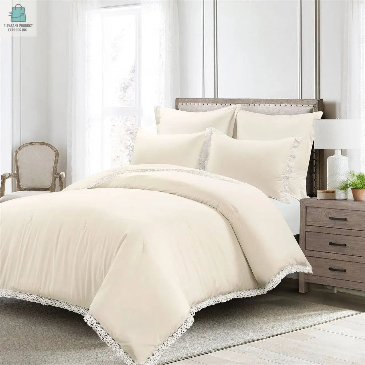 Full/Queen French Country Ivory 5-Piece Lightweight Comforter Set w/ Lace Trim-2