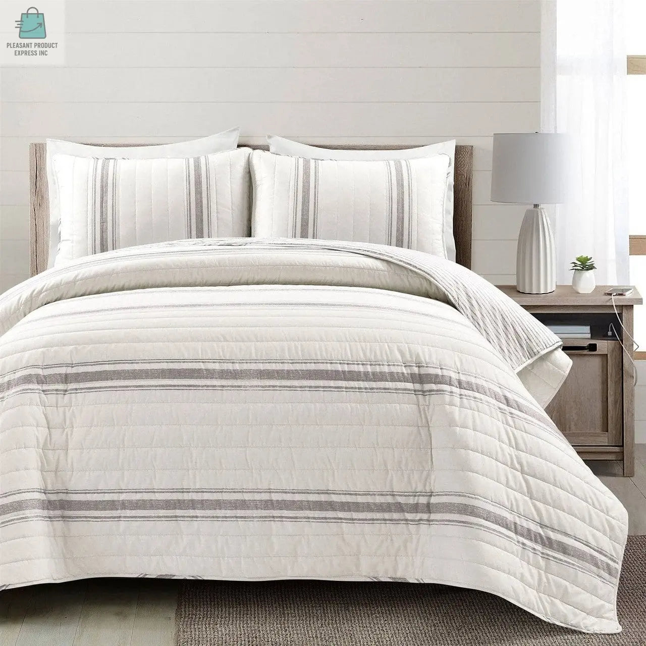 Full / Queen Grey Off-White 3 Piece Stripe Reversible Cotton Quilt Set-2