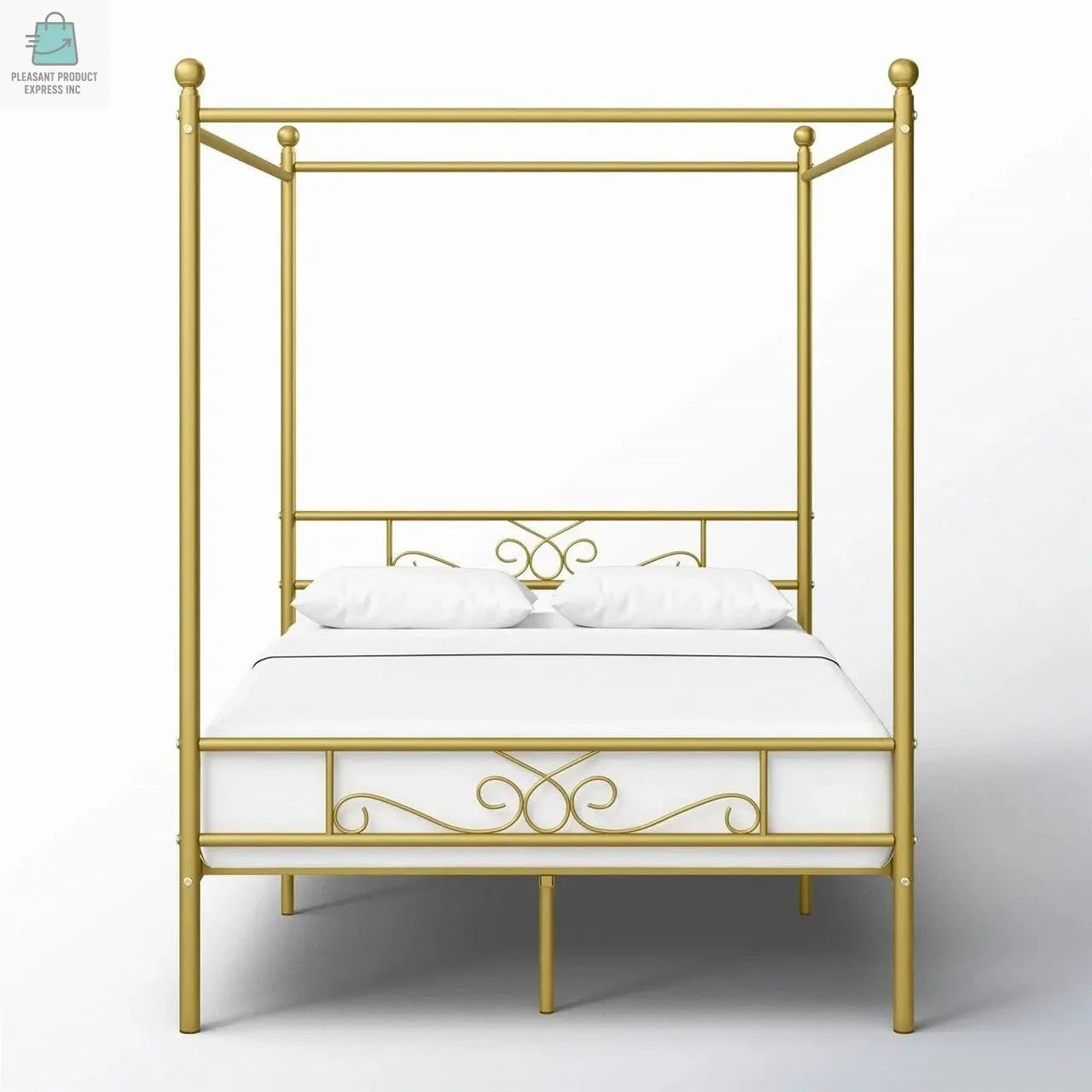 Full size French Country Four Poster Metal Canopy Bed in Gold Finish-1