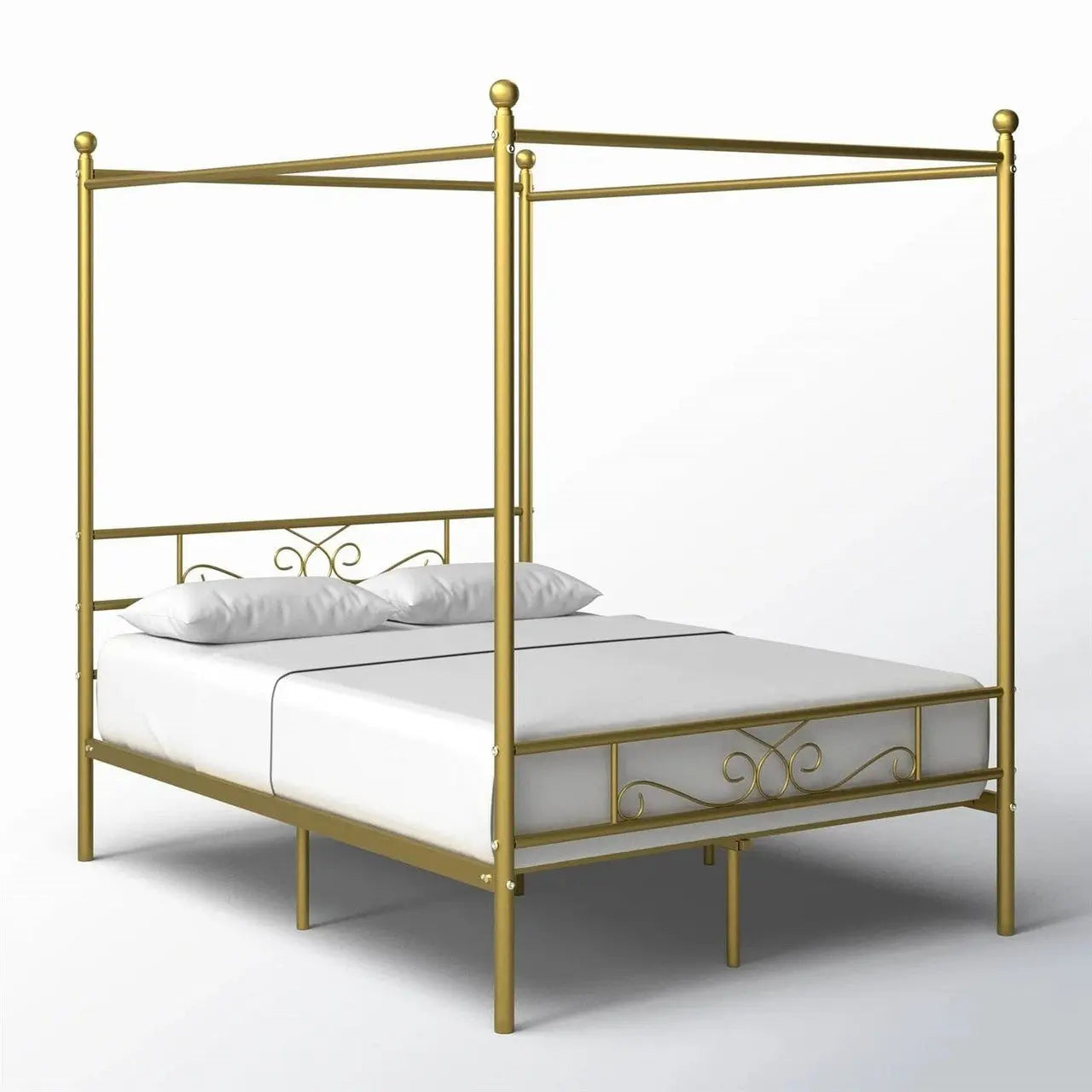 Full size French Country Four Poster Metal Canopy Bed in Gold Finish-2