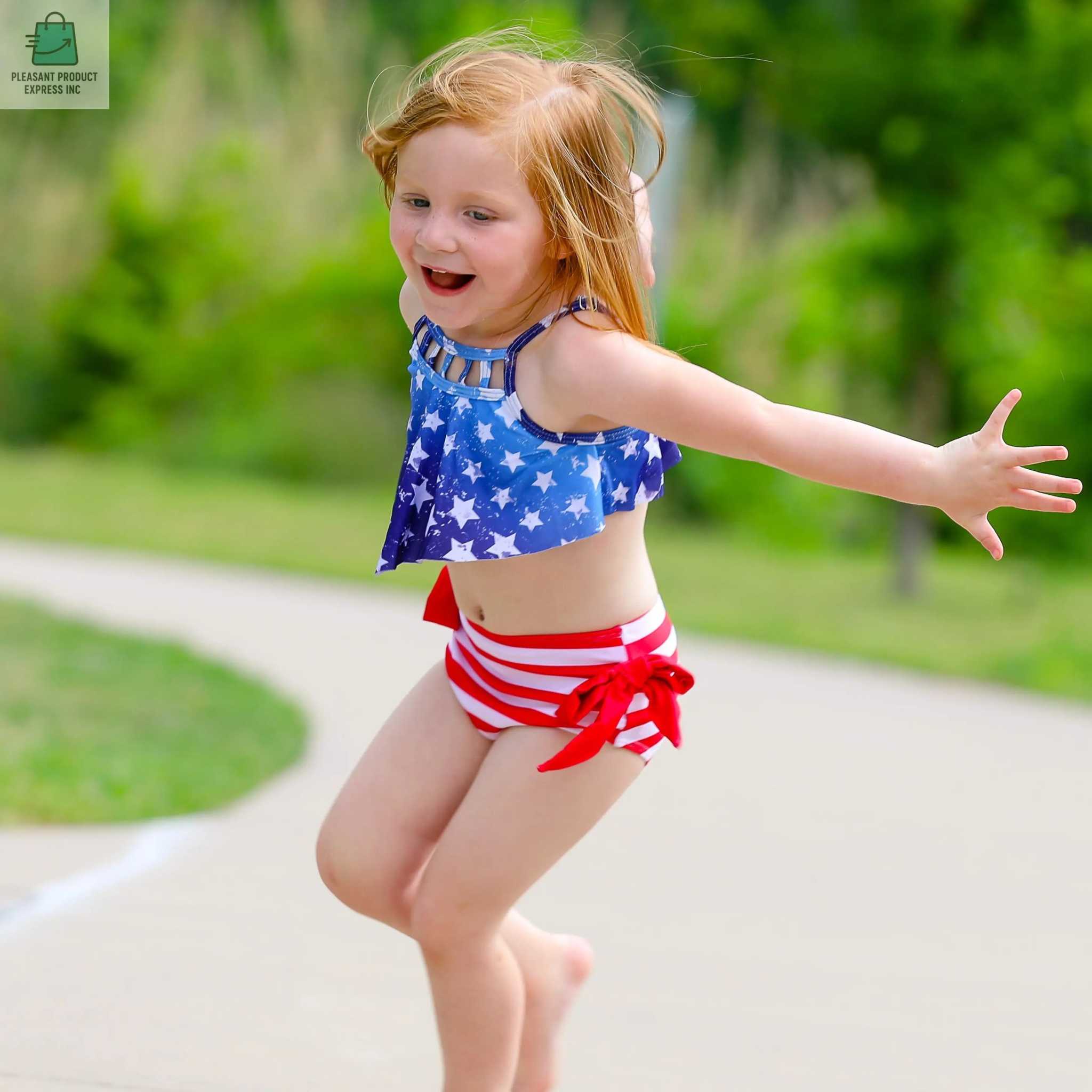Girls 2 pc Patriotic Red White Blue Stars Stripes Tankini Swimsuit 4th of July-3