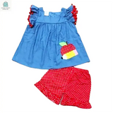 Girls Blue Chambray Apple top with Red polka Dot Ruffle Shorts Back to School-1