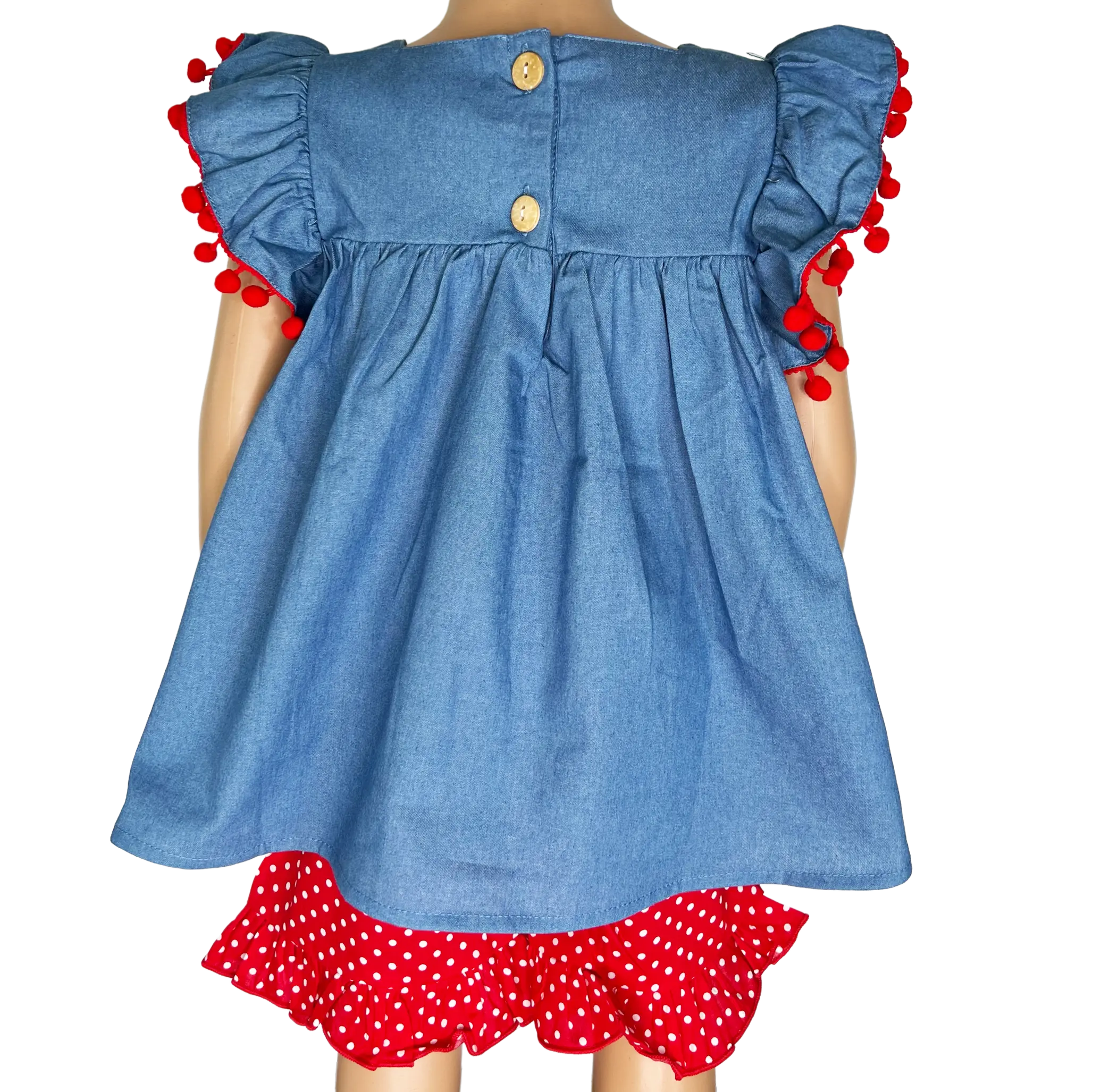 Girls Blue Chambray Apple top with Red polka Dot Ruffle Shorts Back to School-2