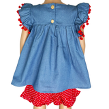 Girls Blue Chambray Apple top with Red polka Dot Ruffle Shorts Back to School-2