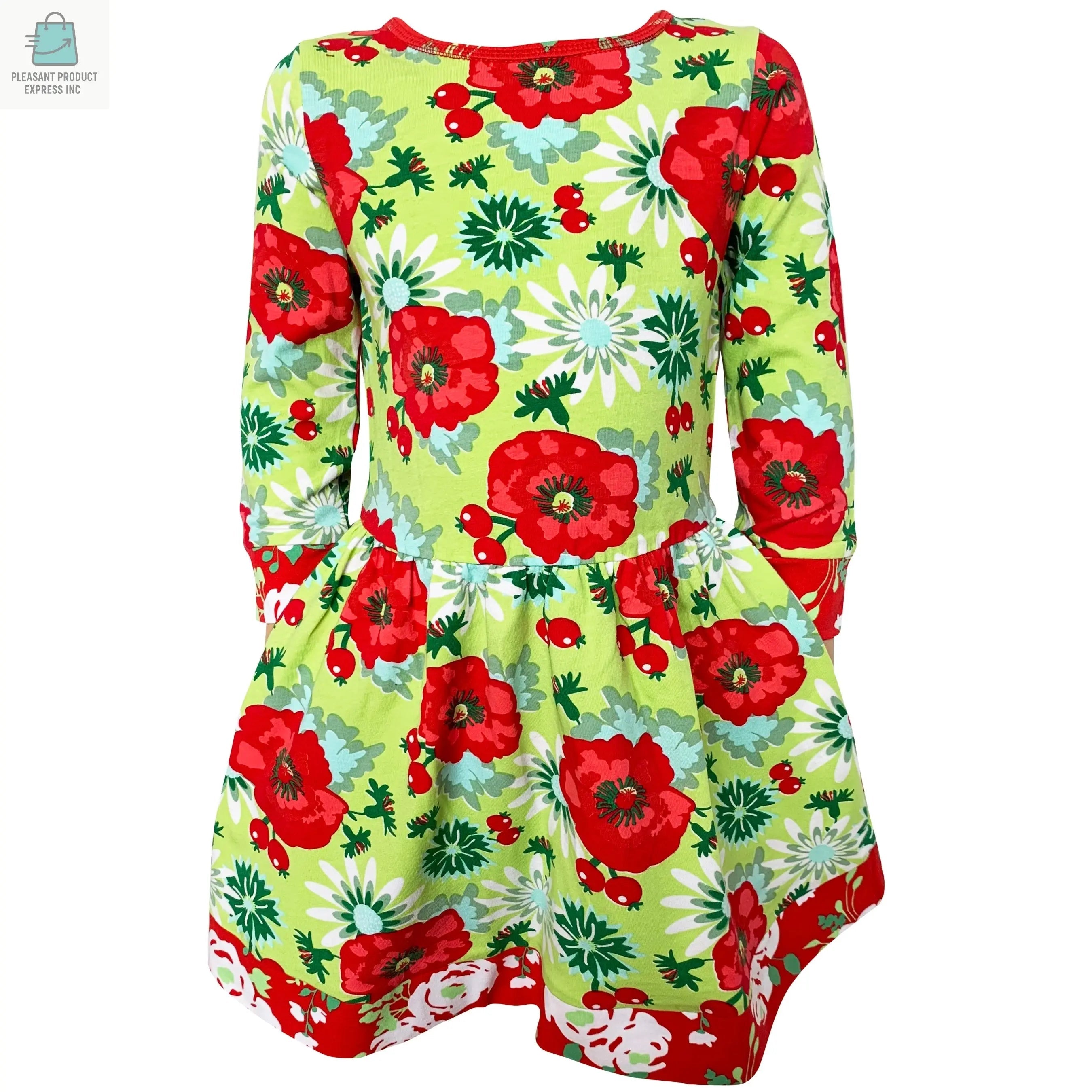 AnnLoren Girls Christmas floral cotton dress in red and green with long sleeves and trim