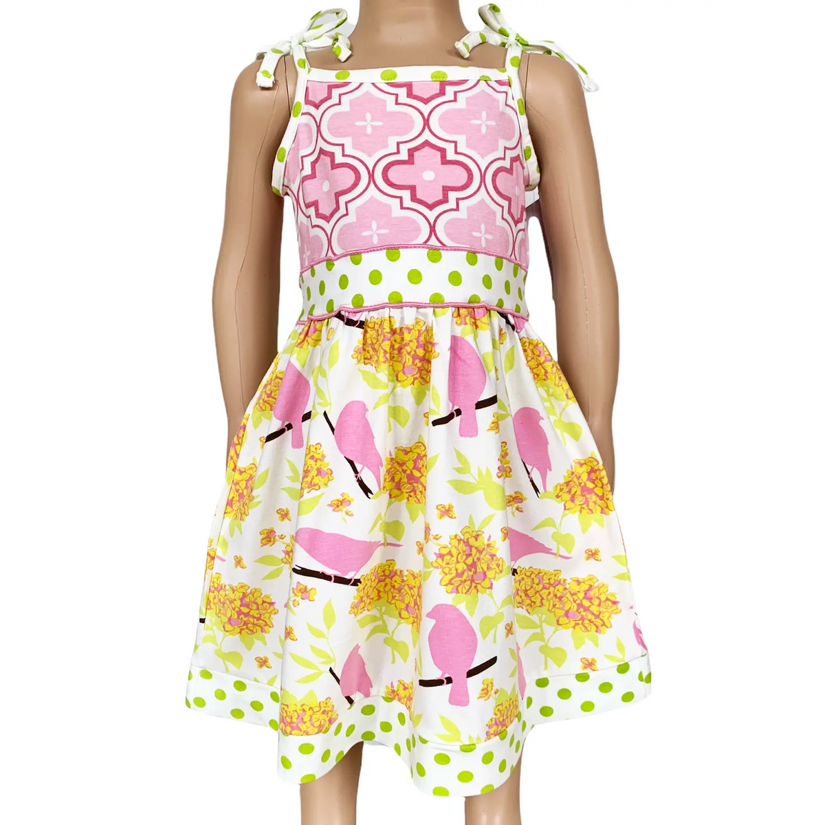 AnnLoren Girls' Spring Birds Dress in pink arabesque cotton knit with adjustable polka dot sash and bird print skirt.