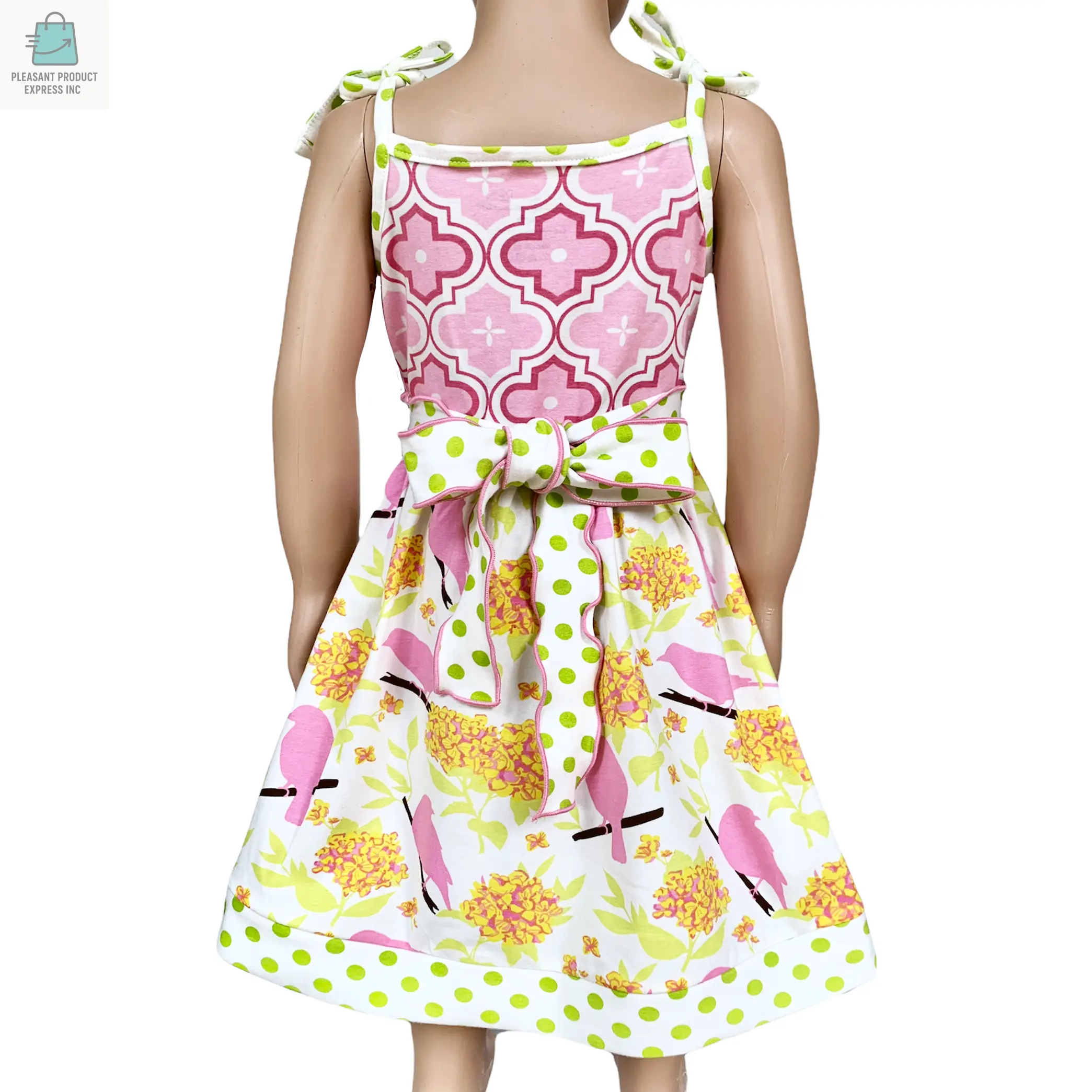 Girls Easter Dress Spring Birds and Pink Arabesque Cotton Knit Spaghetti Straps-1