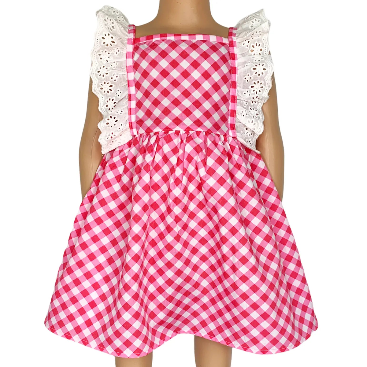 Girls pink gingham summer dress with white eyelet ruffle sleeves for girls